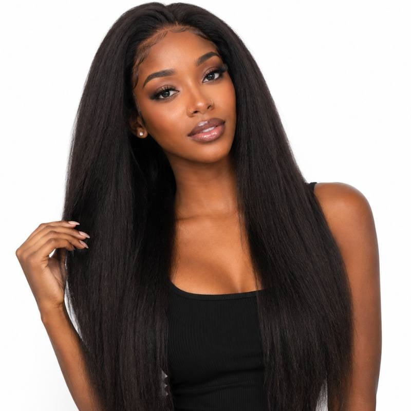Model holding a section of a long natural black yaki straight human hair wig showing the coarse straight texture on white