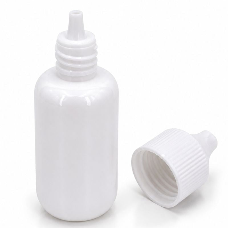 White lace paste bottle with the cap removed beside it showing the narrow nozzle tip used to apply adhesive for hair extensions and wigs