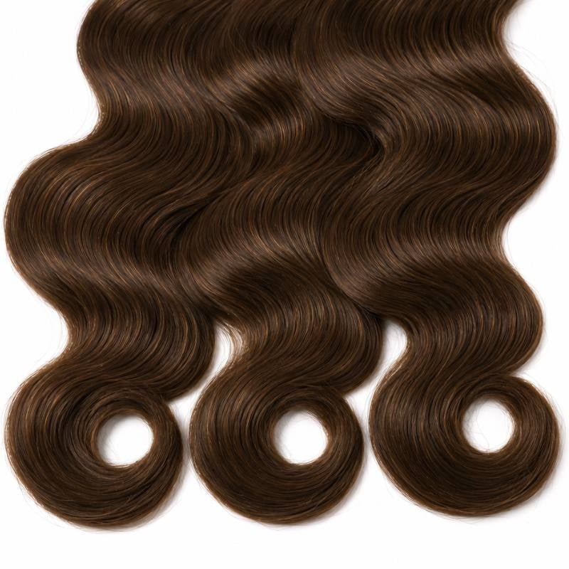 Crop of the curled ends on three bundles of medium brown 4 body wave sew-in hair extensions hanging side by side on white