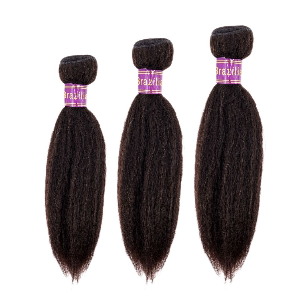 Sew In Hair Extensions - Kinky Straight 3 Bundle Deal - Natural Black (1B) - three bundles showing texture
