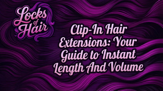 Title card reading Clip-In Hair Extensions: Your Guide to Instant Length And Volume on purple background.