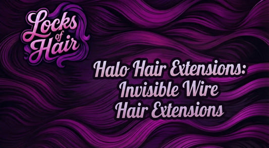 Locks of Hair title card reading Halo Hair Extensions: Invisible Wire Hair Extensions on a purple wavy hair background.