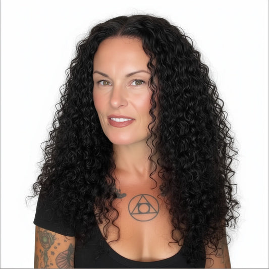 Woman with long, curly black hair on a white background