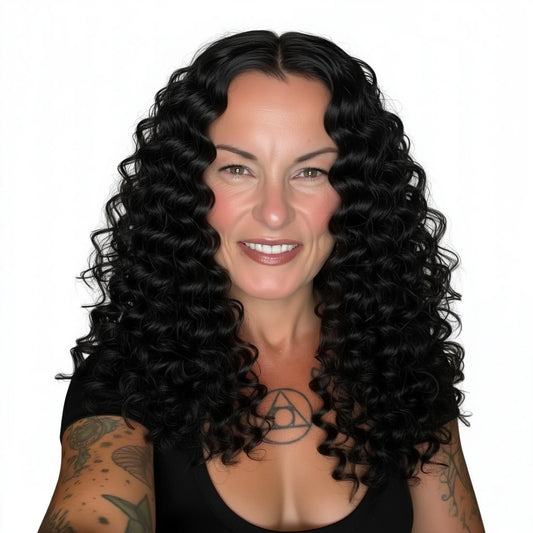 Woman with long black curly hair on a white background