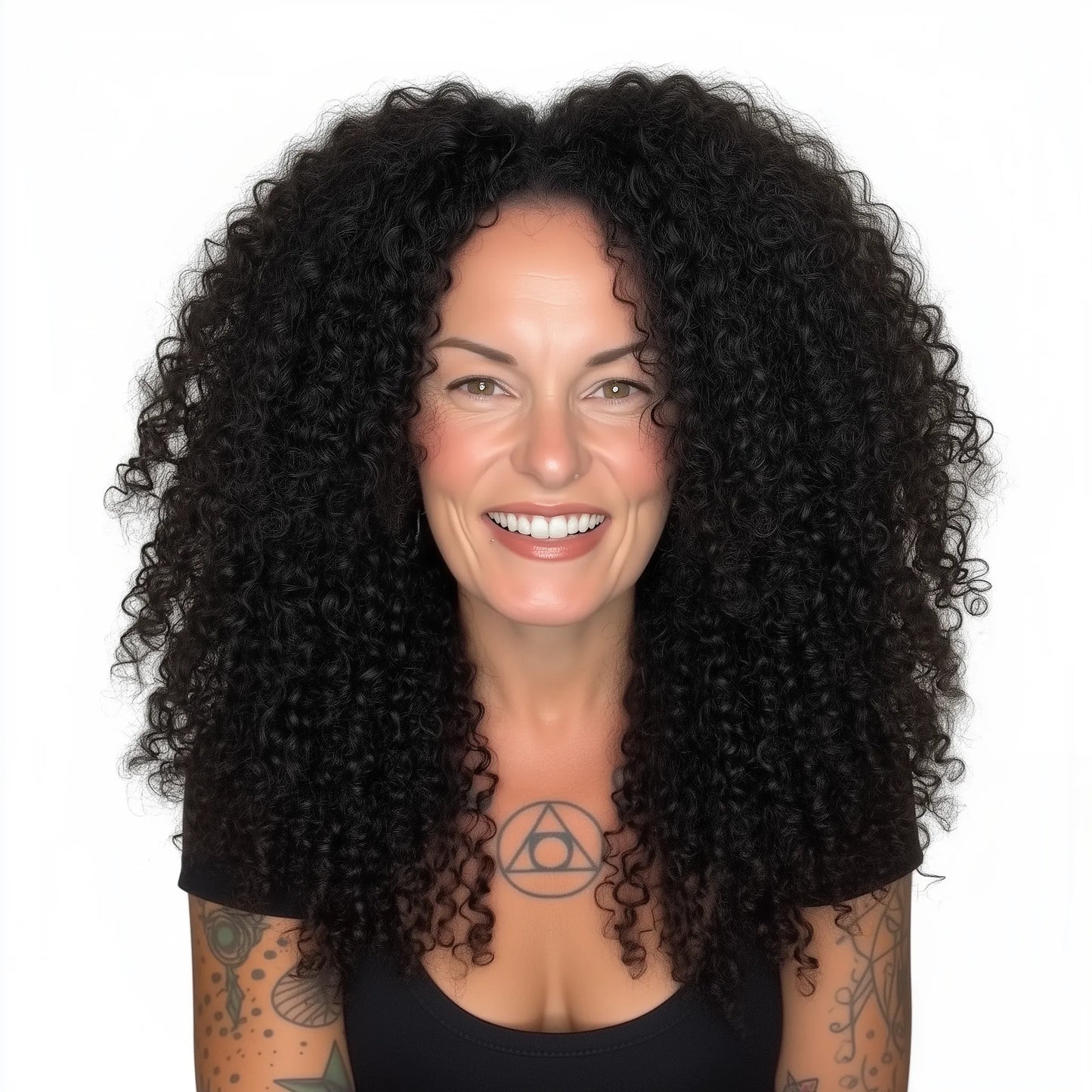 Woman with voluminous black curly hair on a white background