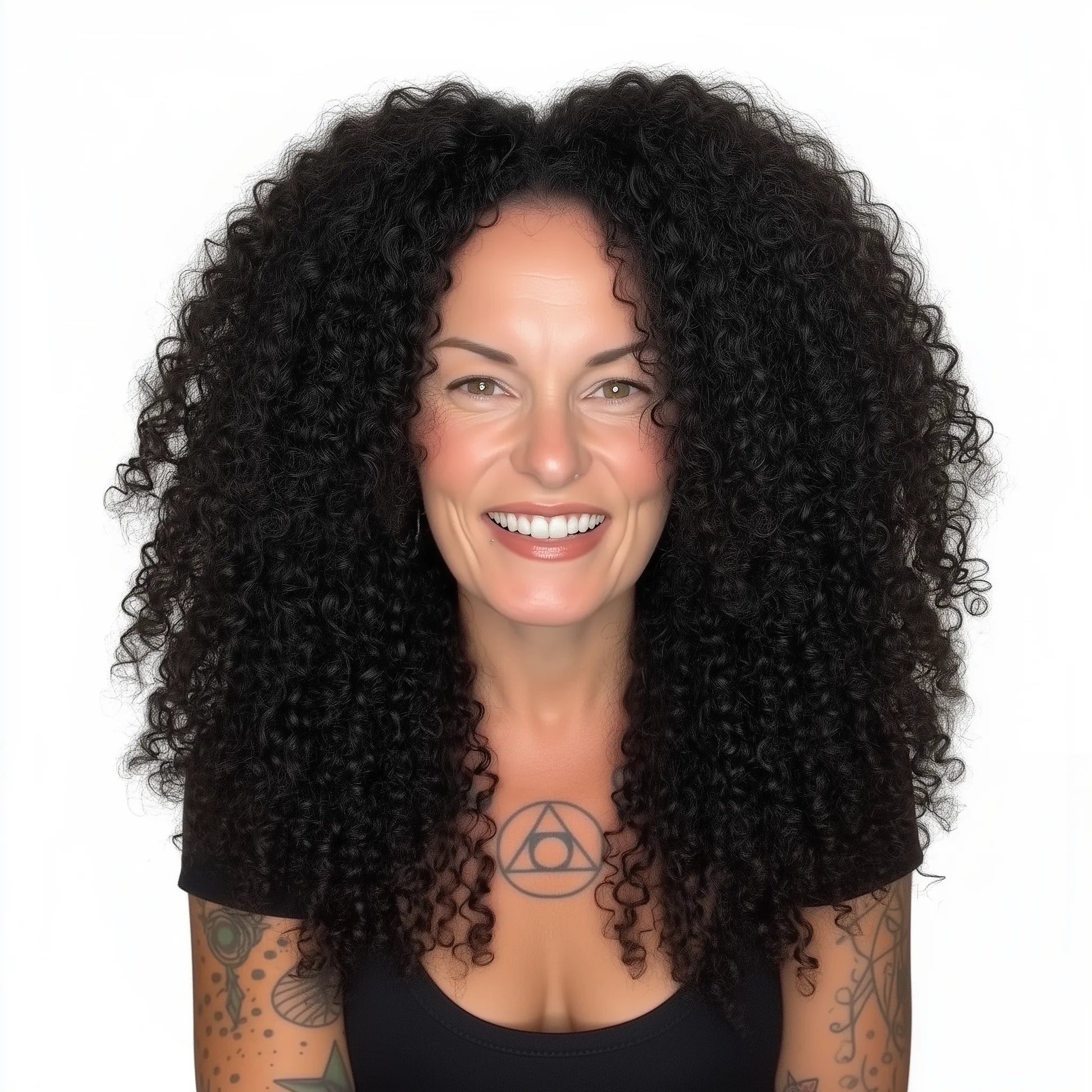 Woman with voluminous black curly hair on a white background