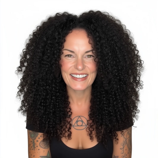 Woman with voluminous black curly hair on a white background