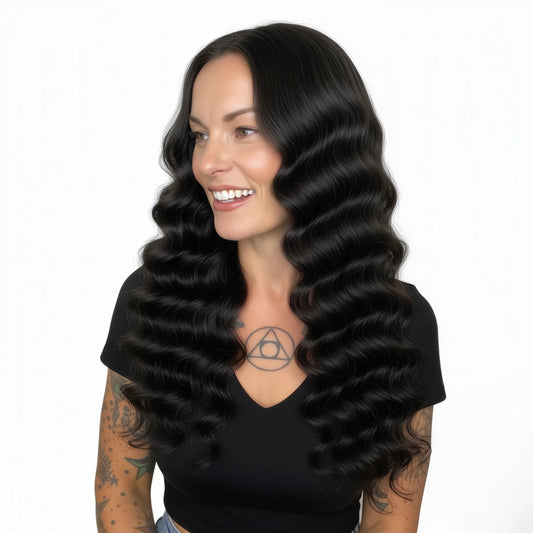 Woman with long, wavy black hair wearing a black top on a white background