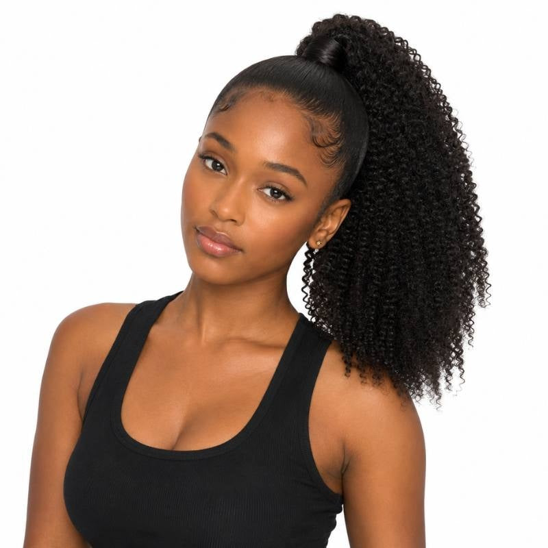 Model wearing natural black afro kinky curly ponytail hair extensions gathered high at the crown, shown against a plain white background