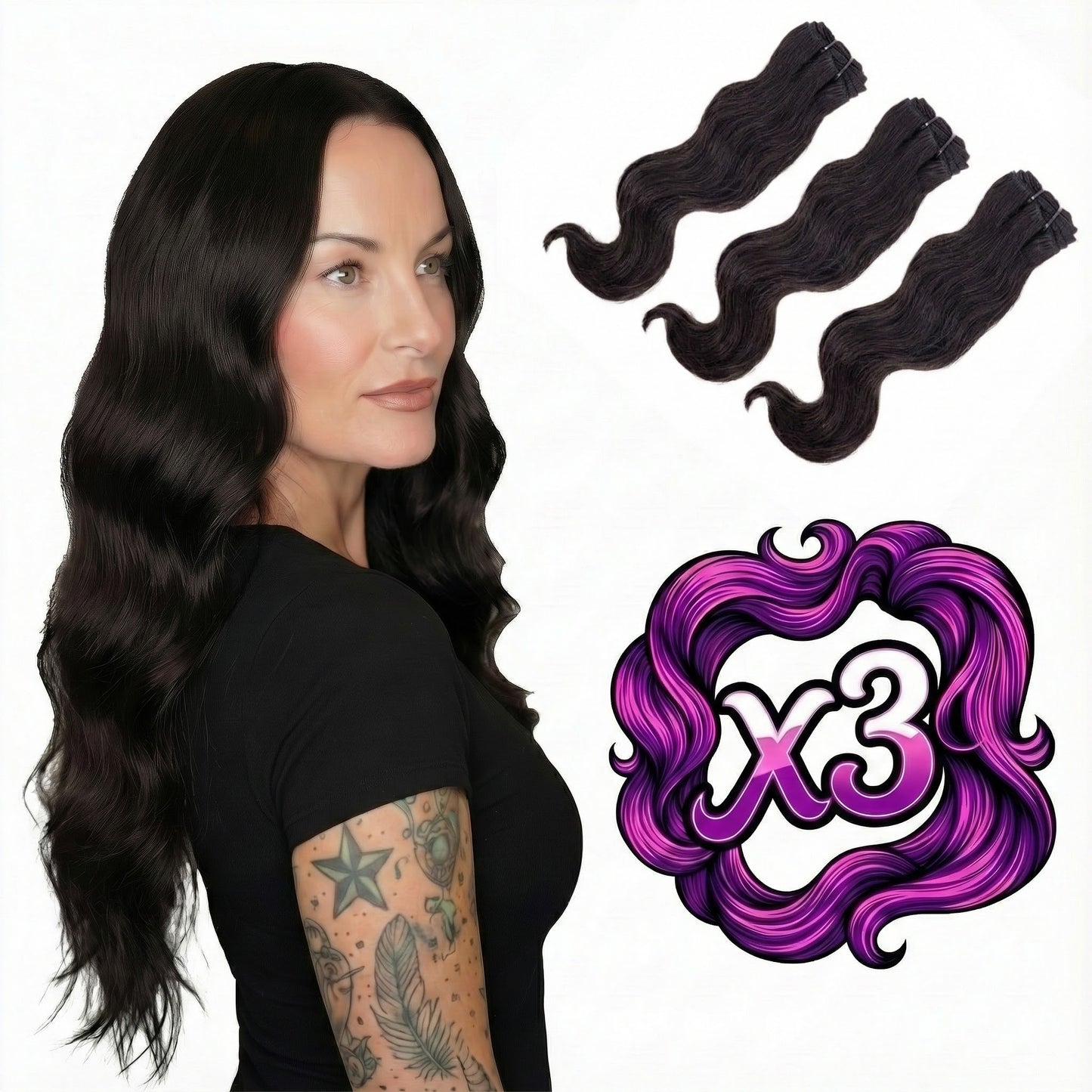 Sew In Hair Extensions - Raw Indian Wavy 3 Bundle Deal - Natural Black (1B)