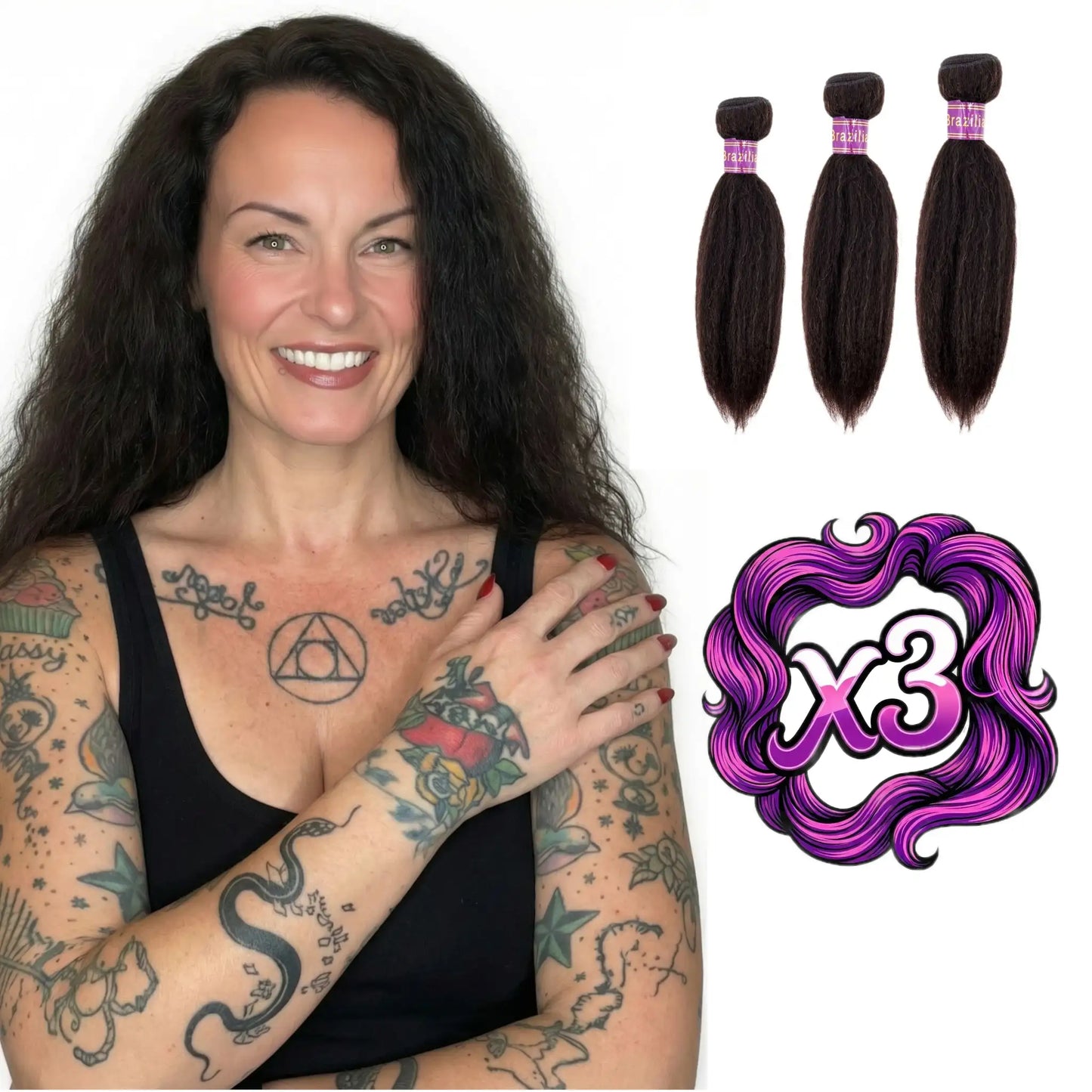 Sew In Hair Extensions - Kinky Straight 3 Bundle Deal - Natural Black (1B)