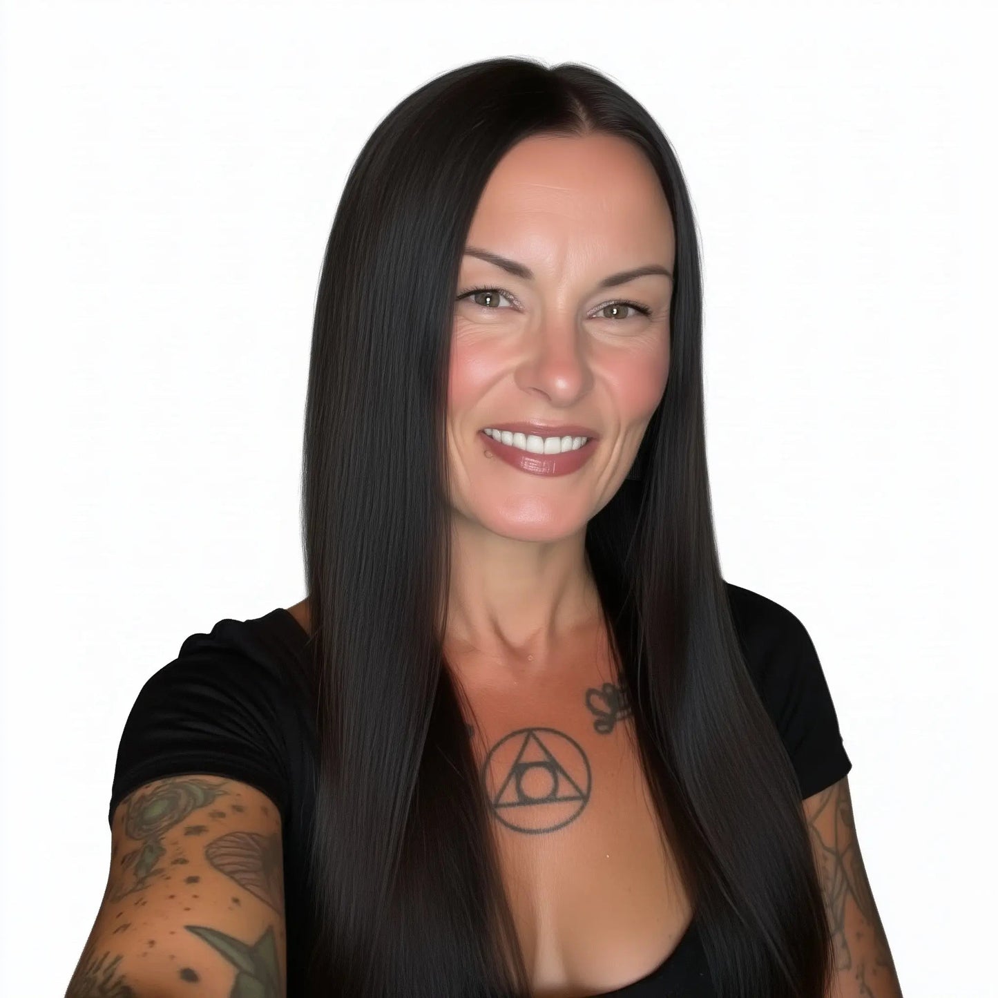Woman with long dark hair and tattoos on arms and chest against a white background