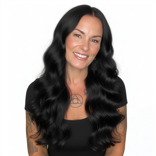 Woman with long black wavy hair on a white background