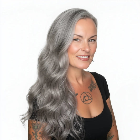 Woman with long, wavy, silver hair on a white background