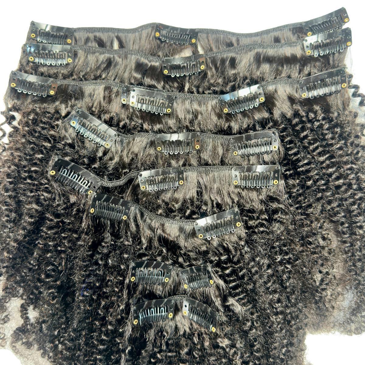 Clip In Hair Extensions - Afro Kinky Curly - Natural Black (1B) - full set laid flat showing clips
