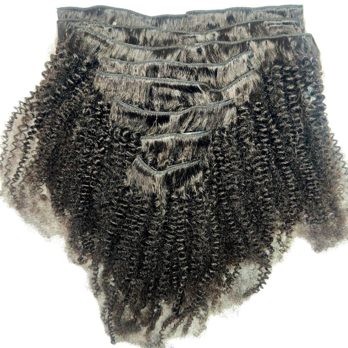 Clip In Hair Extensions - Afro Kinky Curly - Natural Black (1B) - full set stacked showing curl pattern
