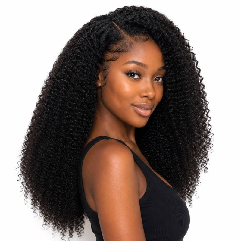 Model turned to a three quarter angle wearing natural black afro kinky curly clip-in hair extensions that fall past the shoulders