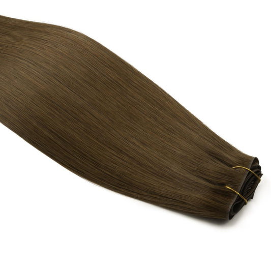 Chocolate Brown Invisible Clip-ins - bundled wefts angled, length shown