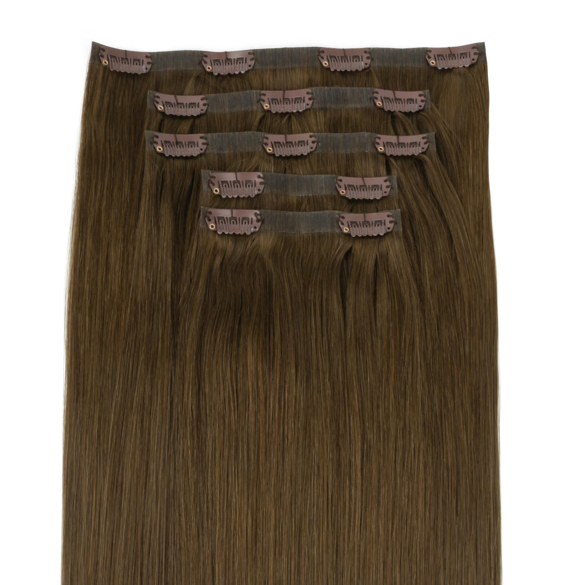 Chocolate Brown Invisible Clip-ins - wefts fanned showing clips