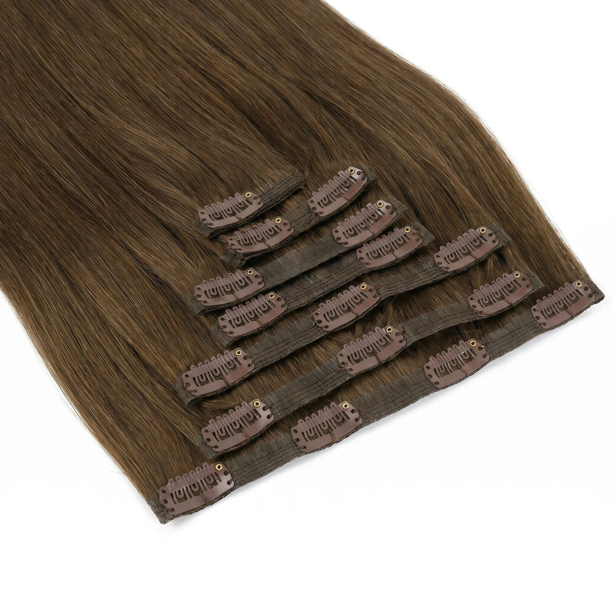 Angled view of chocolate brown straight clip-in hair extensions showing the thin polyurethane bands and matching brown snap clips