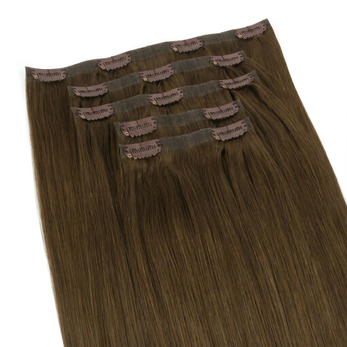 Full set of chocolate brown straight clip-in hair extensions laid flat with the seamless bands and snap clips facing up
