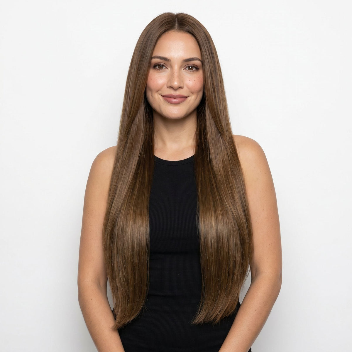 Model facing forward wearing long straight chocolate brown clip-in hair extensions parted in the centre against a white studio backdrop