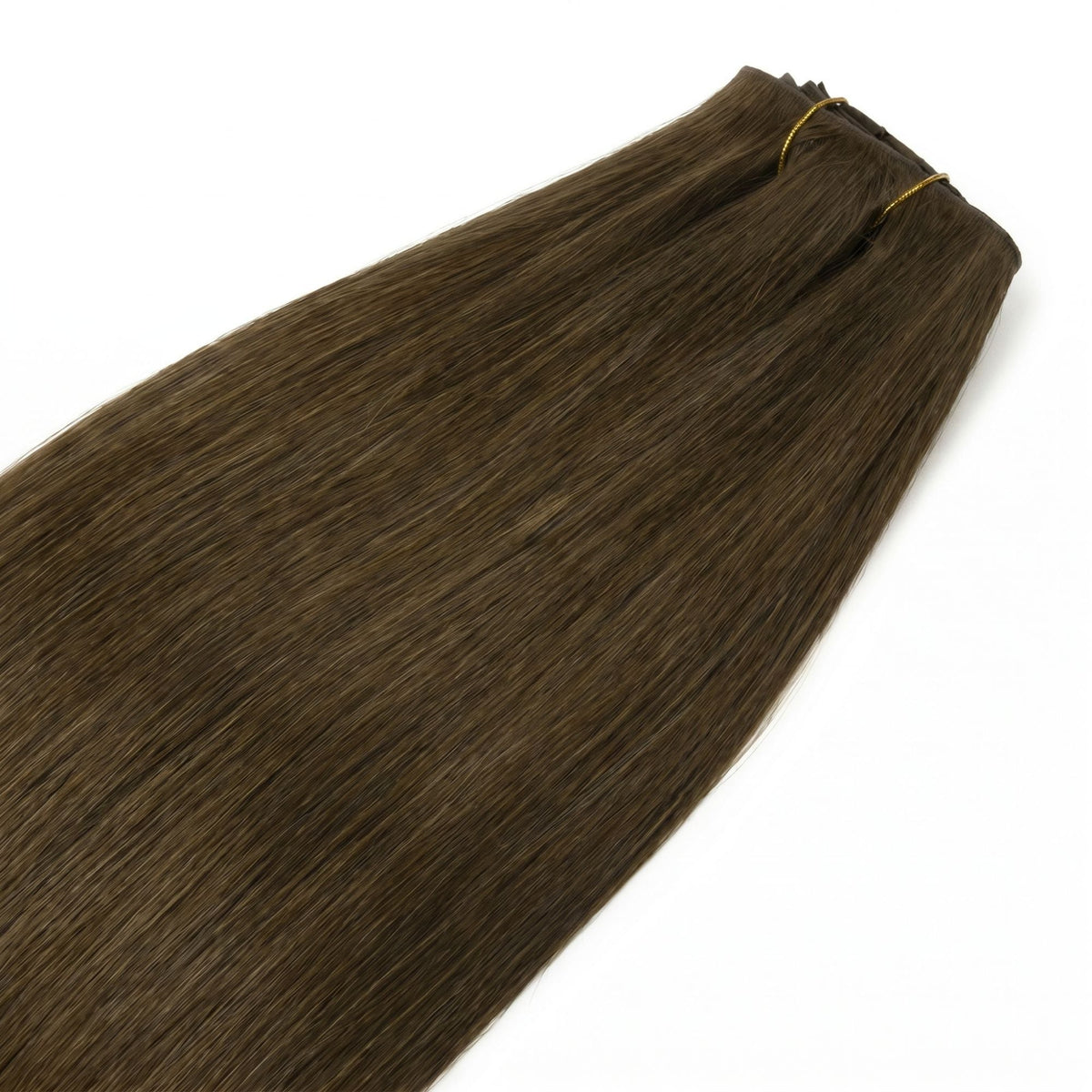 Chocolate brown straight clip-in hair extensions laid flat and tied with gold thread showing the folded weft top and smooth lengths