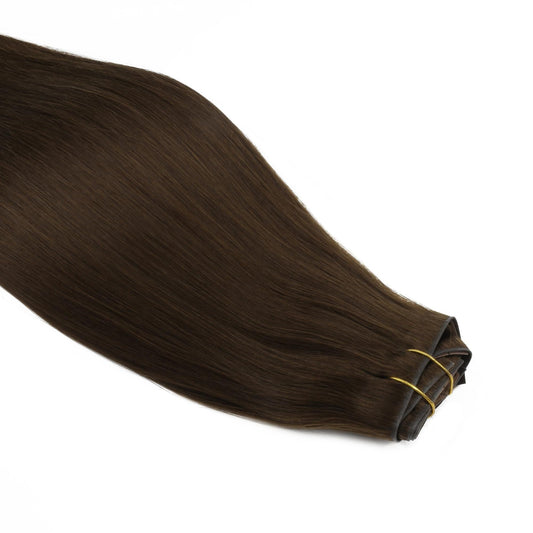 Dark Brown Invisible Clip-ins - wefts tied with thread, close-up