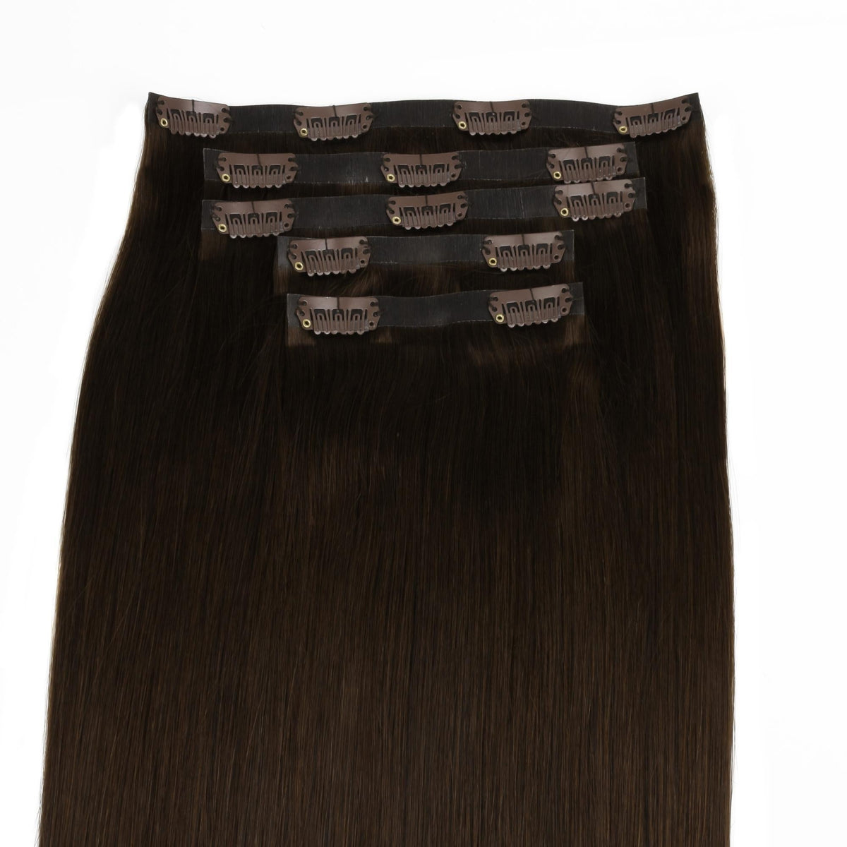 Dark Brown Invisible Clip-ins - clip wefts arranged, clips visible