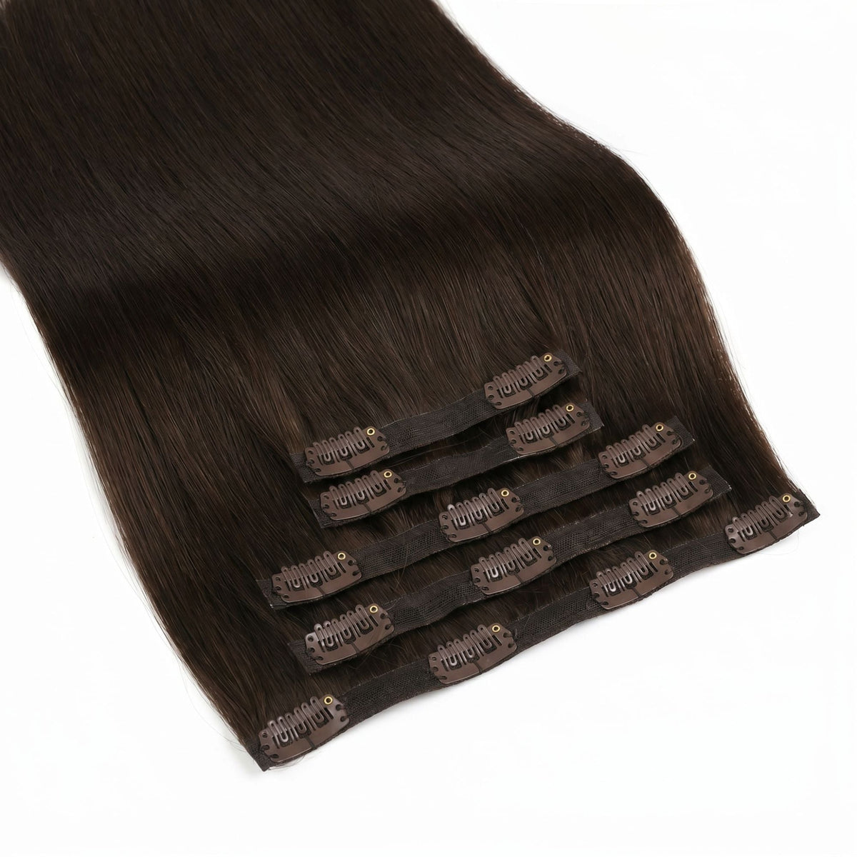Full set of dark brown straight clip-in hair extensions fanned out so the snap clips along each seamless band are visible