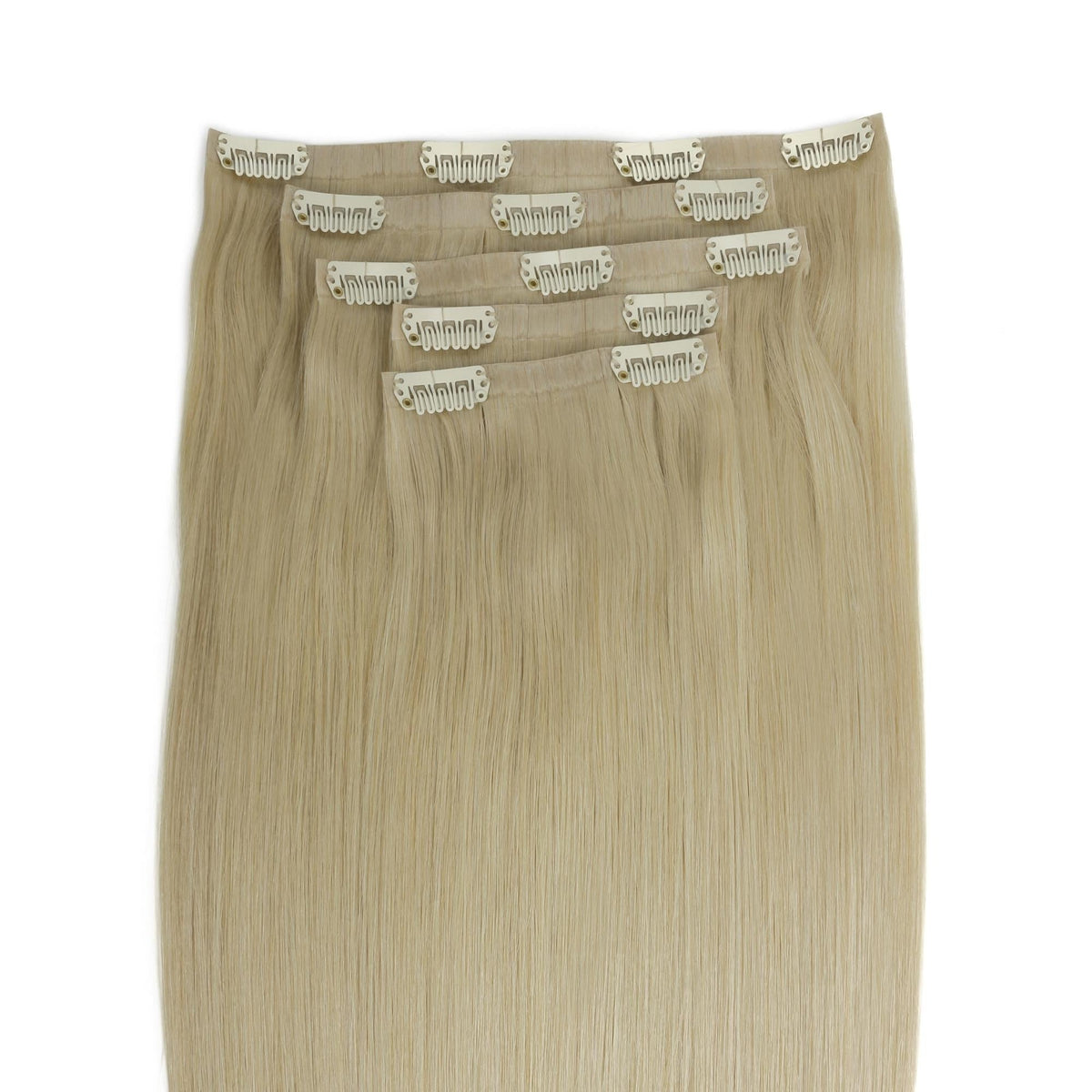 Warm Honey Blonde  Invisible Clip-ins - clip wefts fanned out, clips visible