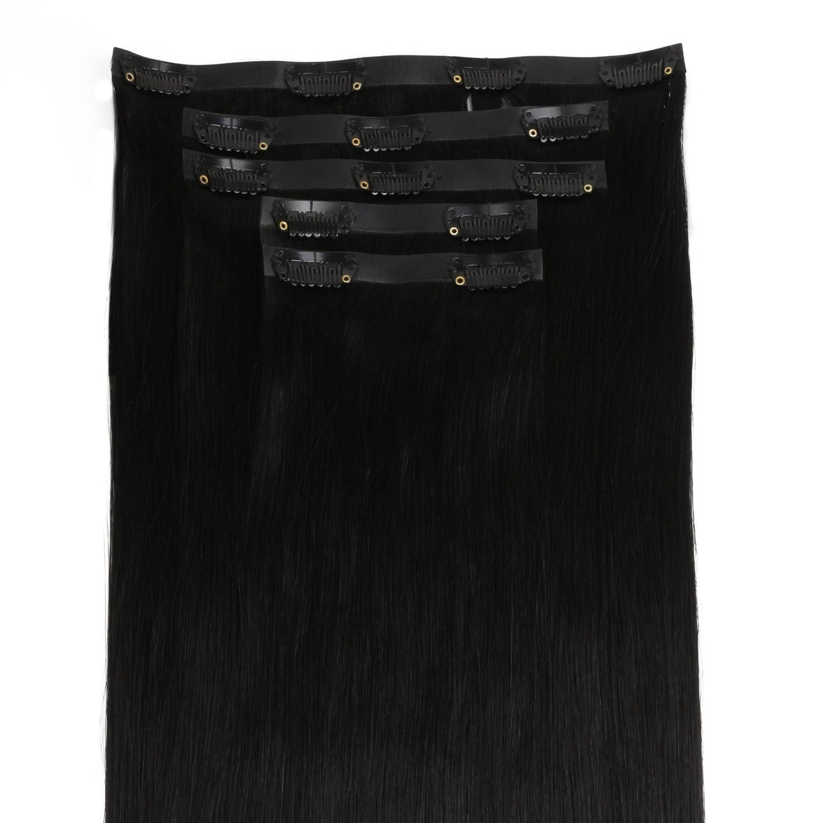 Jet Black Invisible Clip-ins - wefts laid flat showing clips