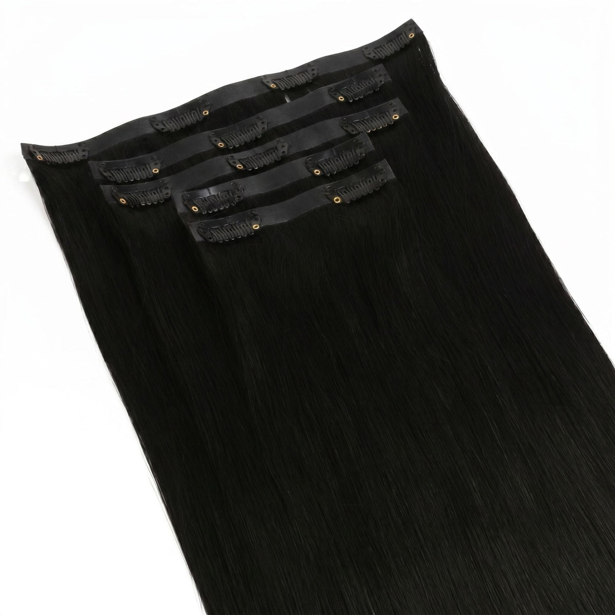 Full set of jet black straight clip-in hair extensions fanned out so the black snap clips on each seamless band are visible