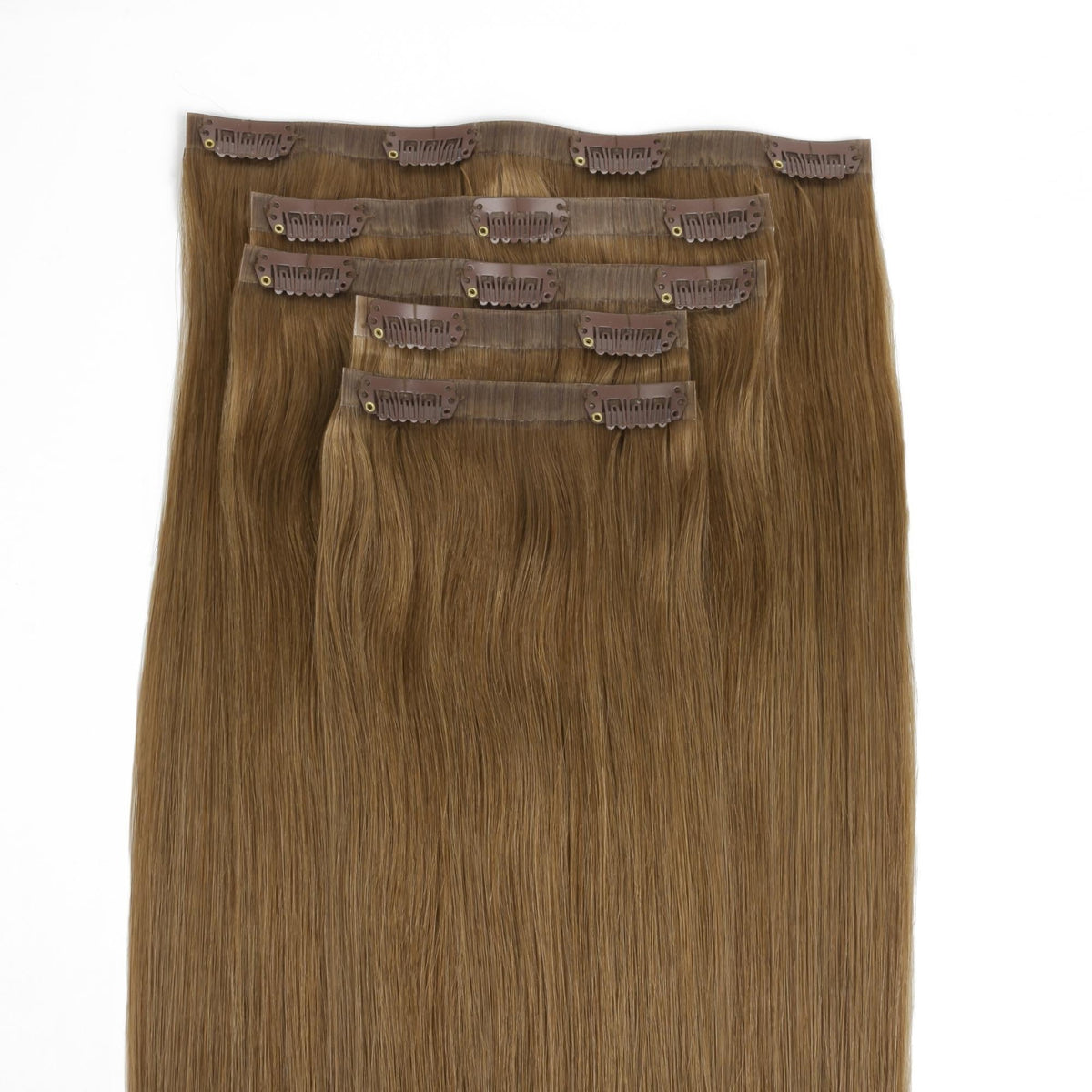 Medium Chestnut Brown Invisible Clip-ins - wefts fanned showing clips