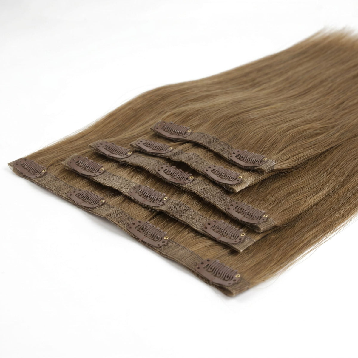 Chestnut brown straight clip-in hair extensions fanned at an angle so the snap clips on each seamless band can be counted