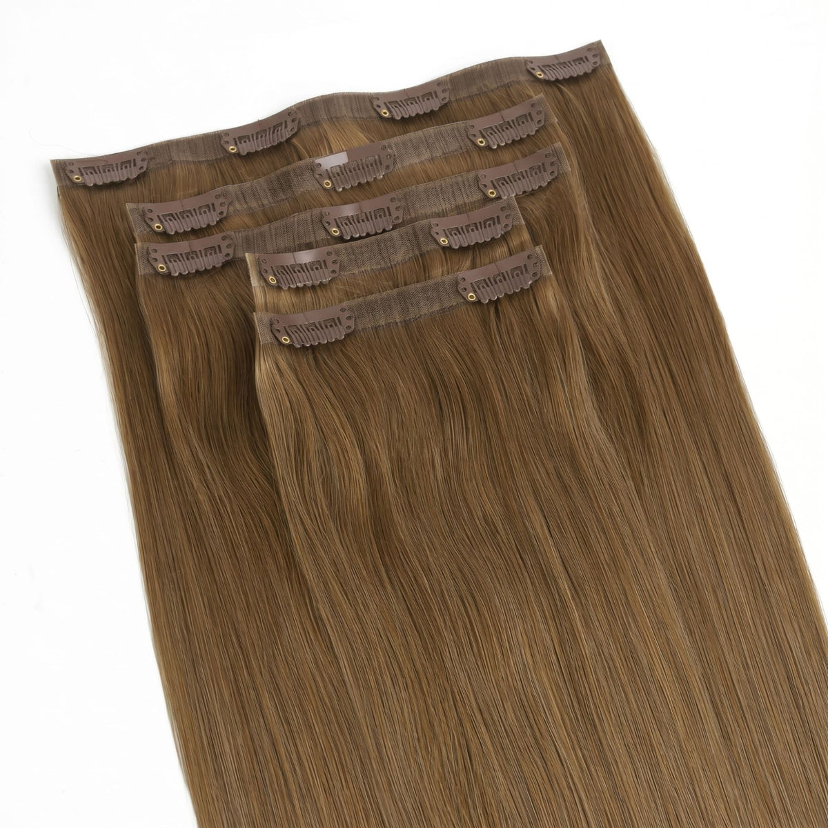 Full set of chestnut brown straight clip-in hair extensions laid flat with the bands and snap clips facing up on a white surface