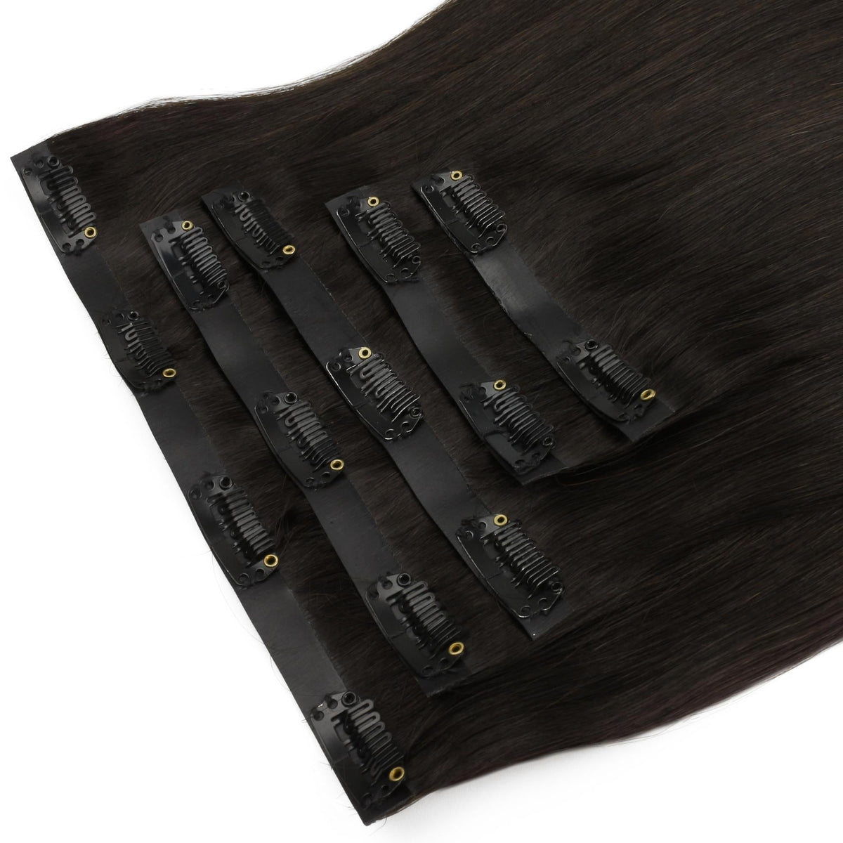Off Black Invisible Clip-ins - close-up of snap clips on wefts