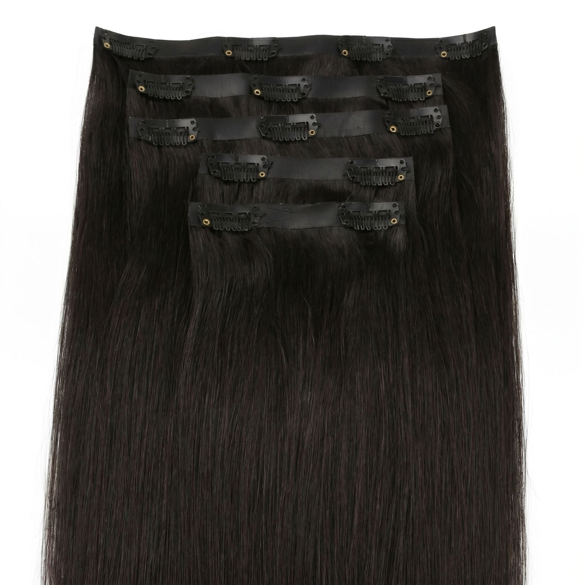 Full set of off black straight clip-in hair extensions laid flat with the thin bands and black snap clips facing up