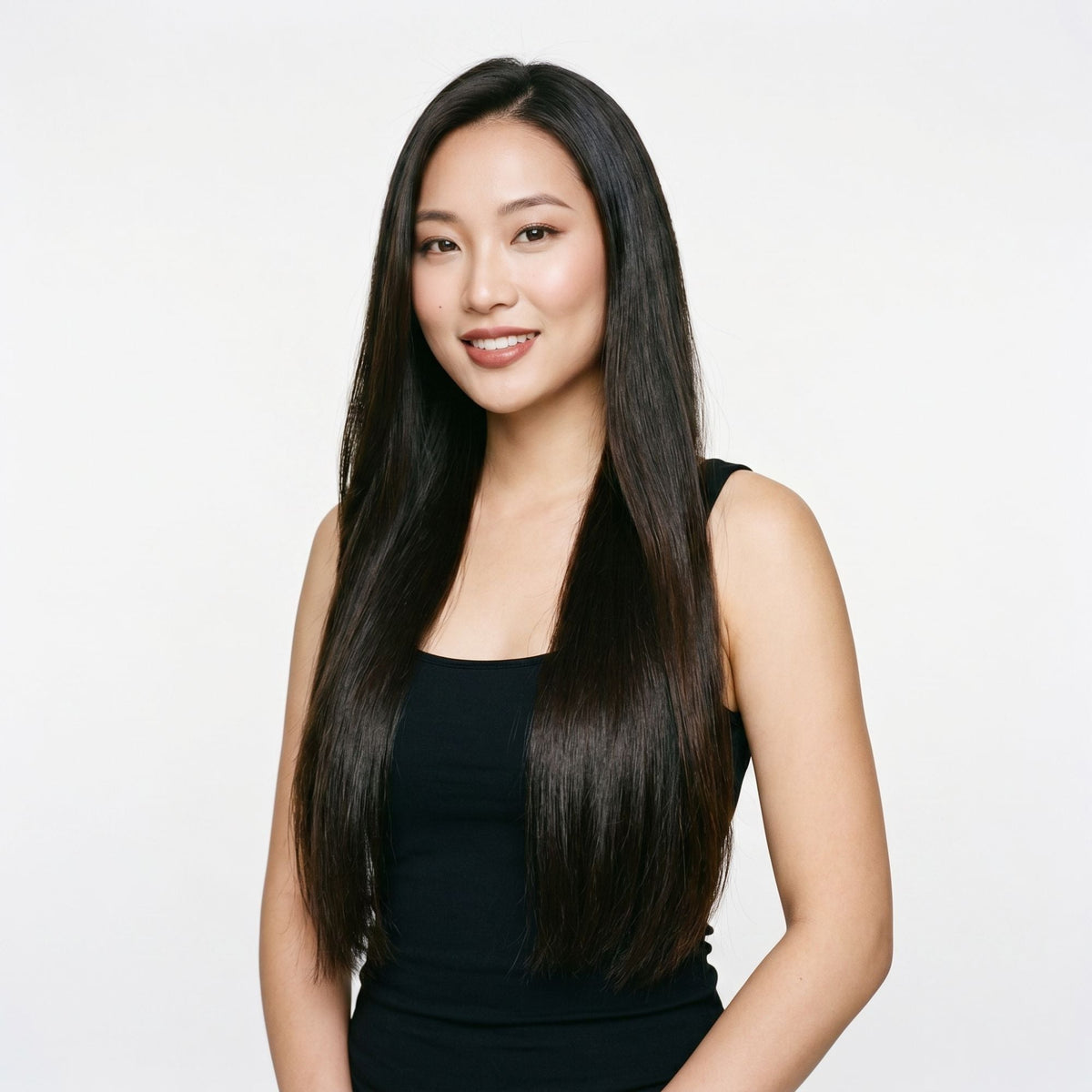 Model facing forward wearing long straight off black clip-in hair extensions falling past the waist against a white studio backdrop