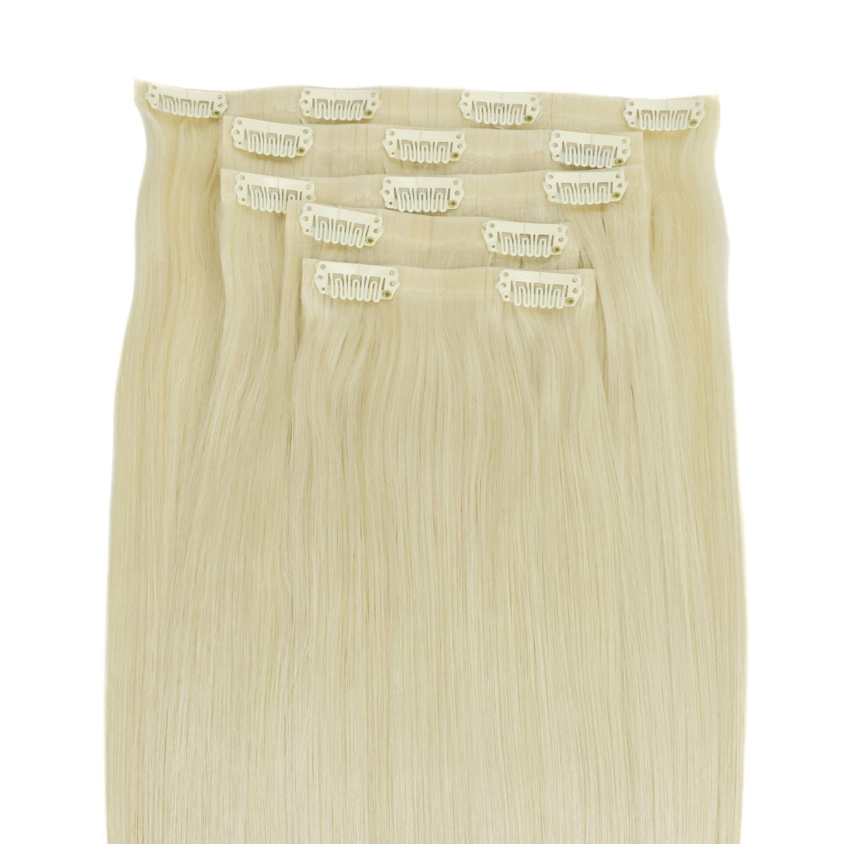 Platinum Blonde Invisible Clip-ins - clip wefts close-up, snap clips
