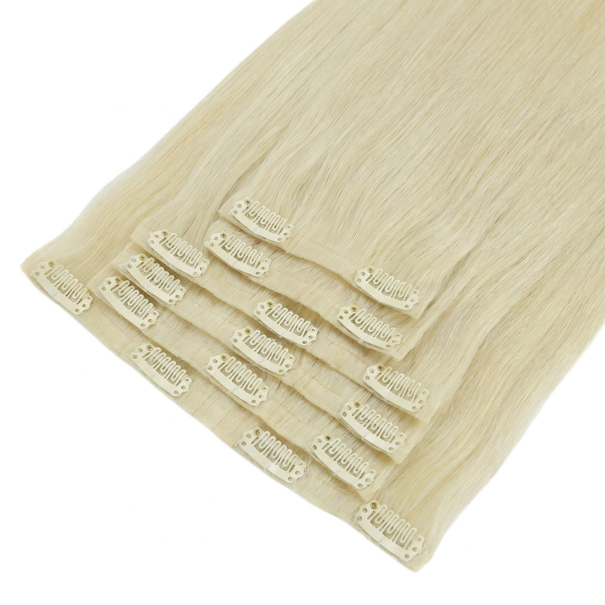 Platinum blonde straight clip-in hair extensions fanned at an angle so the pale snap clips on every seamless band are visible
