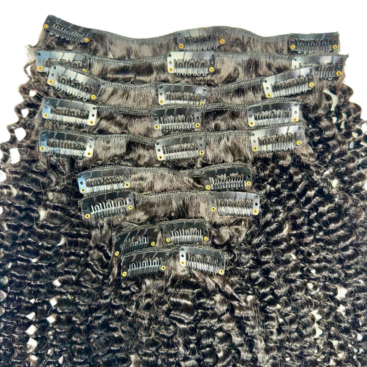 Clip In Hair Extensions - Jerry Curl - Natural Black (1B) - full set laid flat showing clips