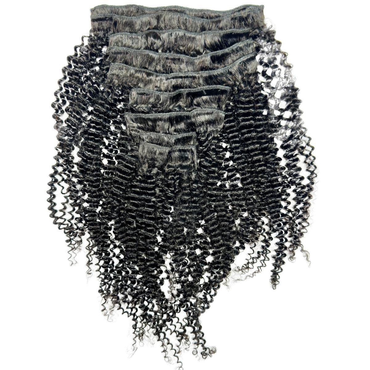 Clip In Hair Extensions - Jerry Curl - Natural Black (1B) - stacked wefts with weft construction view