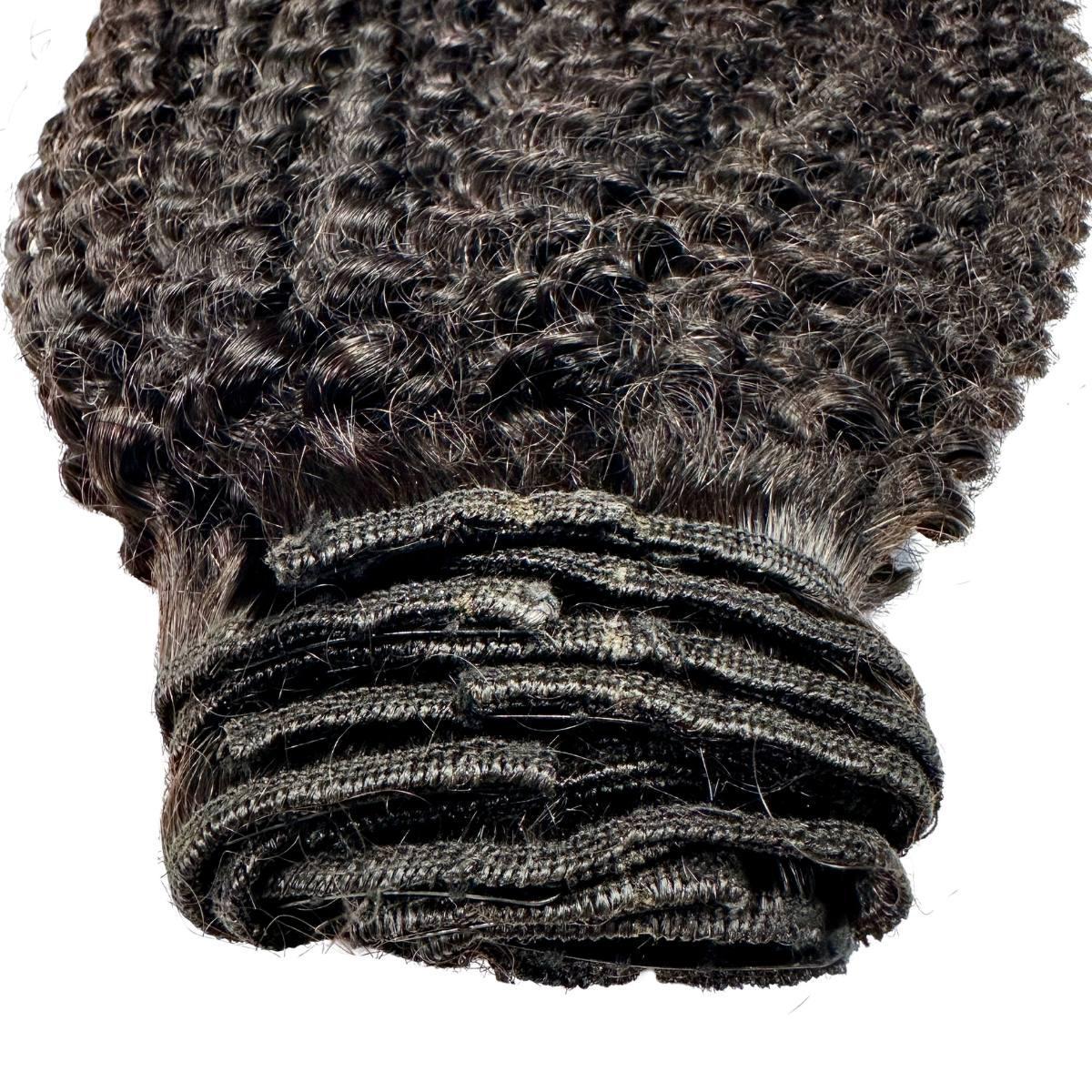 Clip In Hair Extensions - Jerry Curl - Natural Black (1B) - rolled wefts showing stitching detail