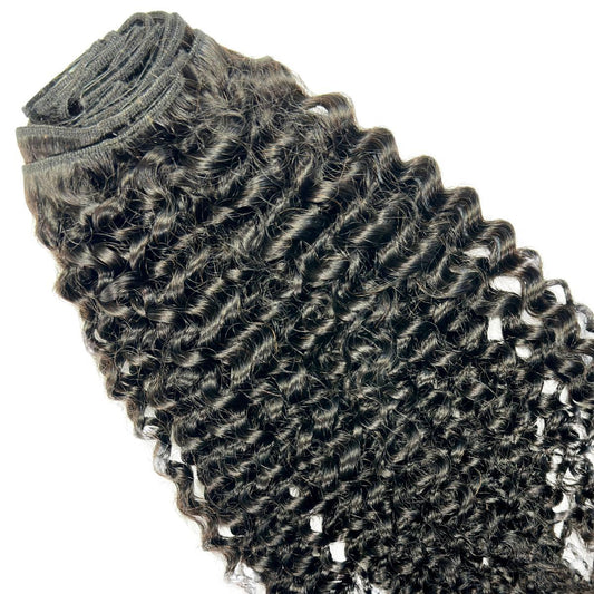 Clip In Hair Extensions - Kinky Curly - Natural Black (1B) - rolled weft with curl texture detail