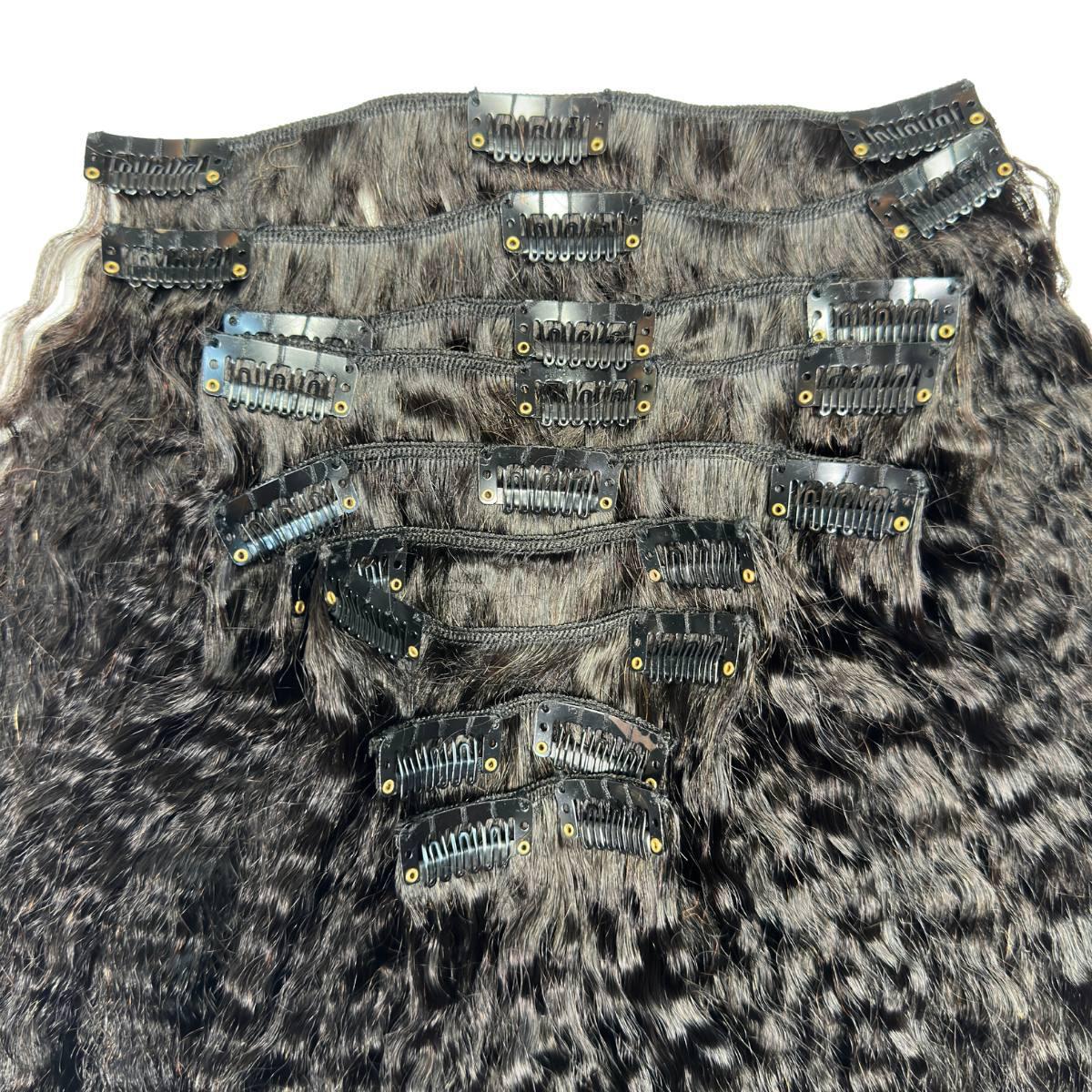 Clip In Hair Extensions - Kinky Straight - Natural Black (1B) - full set laid flat showing clips