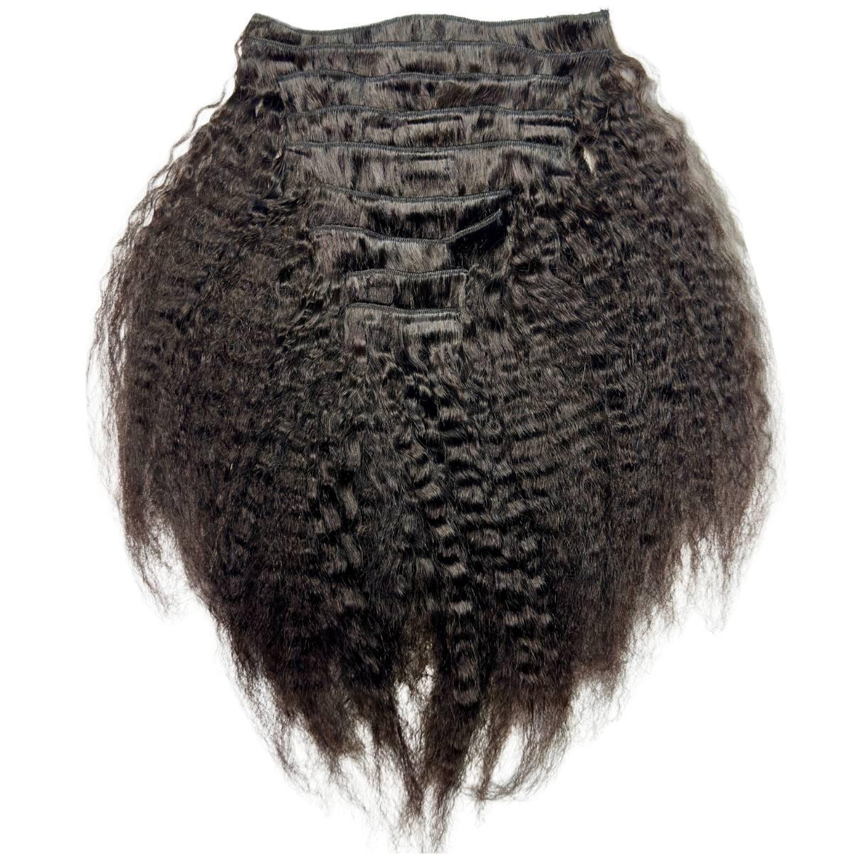 Clip In Hair Extensions - Kinky Straight - Natural Black (1B) - full set stacked showing length