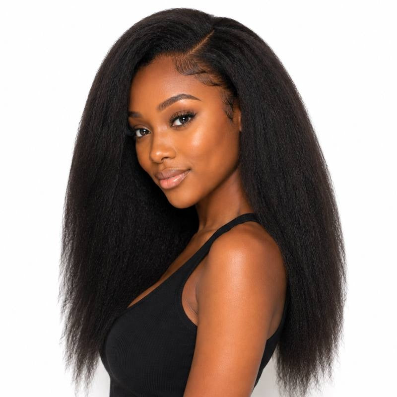 Model turned to a three quarter angle wearing natural black kinky straight clip-in hair extensions that fall past the shoulders