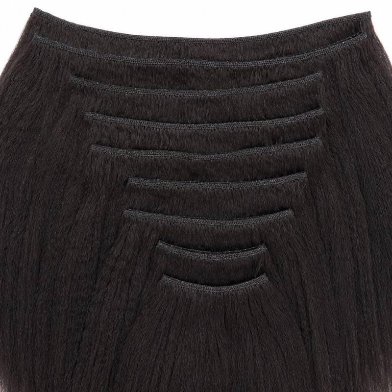 Natural black kinky straight clip-in hair extensions fanned out to show the sewn weft top on each piece in the set