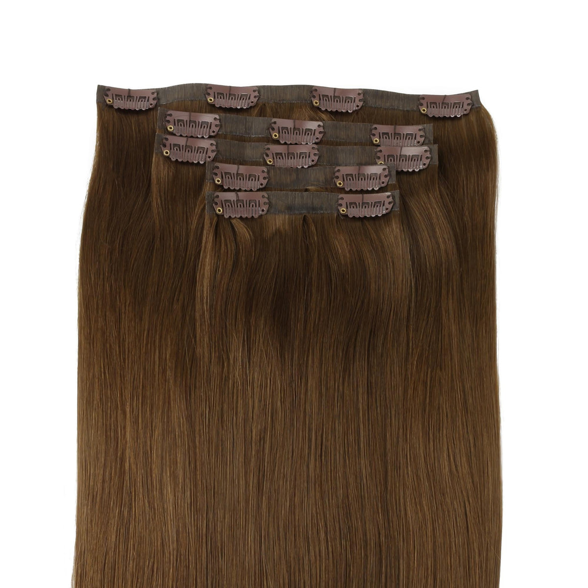 Chocolate Brown Seamless Clip-ins - full set of wefts fanned out